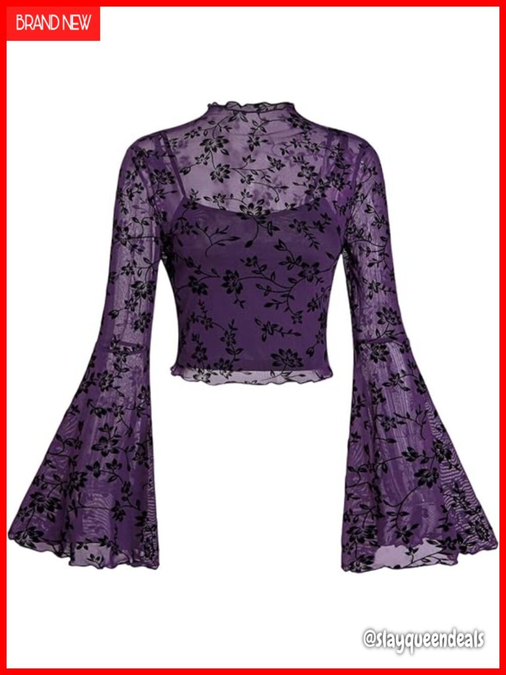 Mesh Long Bell Sleeve Crop Top Floral Print Y2K Boho Country Concert